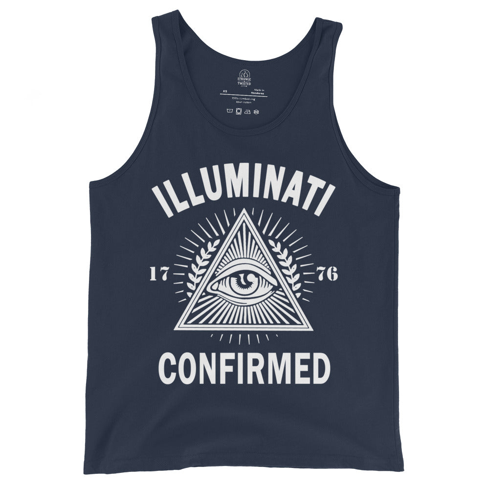 Navy tank top featuring a high contrast all seeing eye triangle with radiant detailing and bold text.