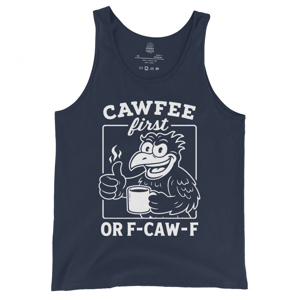 Navy tank top displaying a raven coffee parody illustration with Cawfee First lettering.