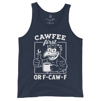 Navy tank top displaying a raven coffee parody illustration with Cawfee First lettering.