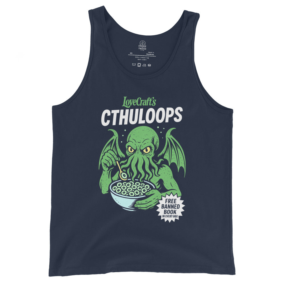 Navy tank top displaying a playful Lovecraft inspired cereal parody with Cthulhu illustrated at the center.