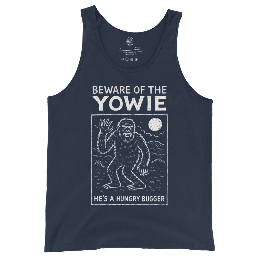Navy tank top front view featuring moonlit Yowie artwork and warning message