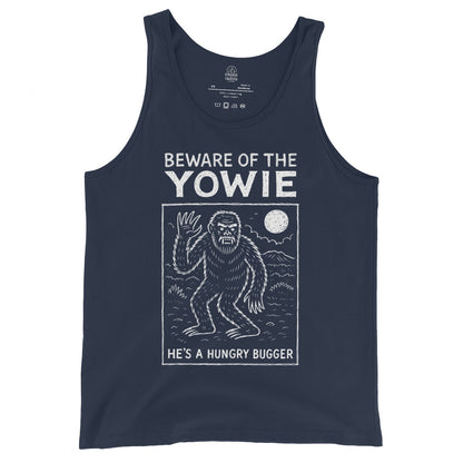 Navy tank top front view featuring moonlit Yowie artwork and warning message