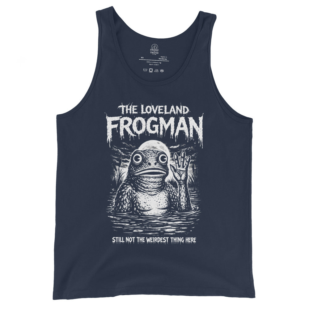 Loveland Frogman cryptid tank top front view on navy with eerie folklore illustration