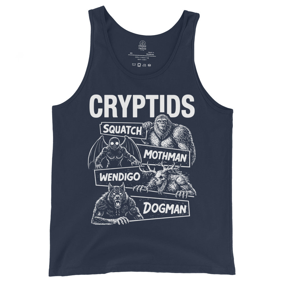 Navy tank top with white graphic design featuring cryptid illustrations and text on a white background