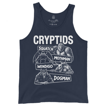 Navy tank top with white graphic design featuring cryptid illustrations and text on a white background