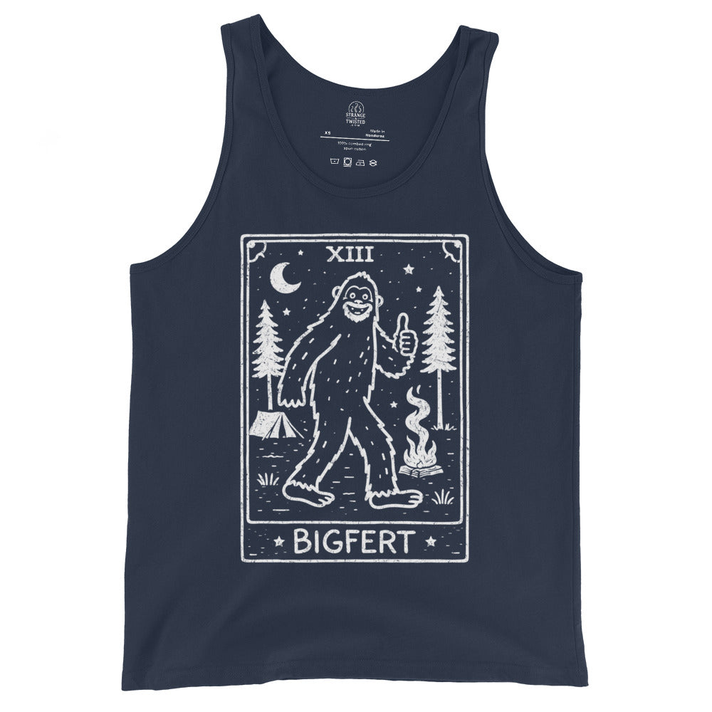 Navy tank top with white graphic design of a bigfoot-like creature and 'BIGFERT' text on a white background.