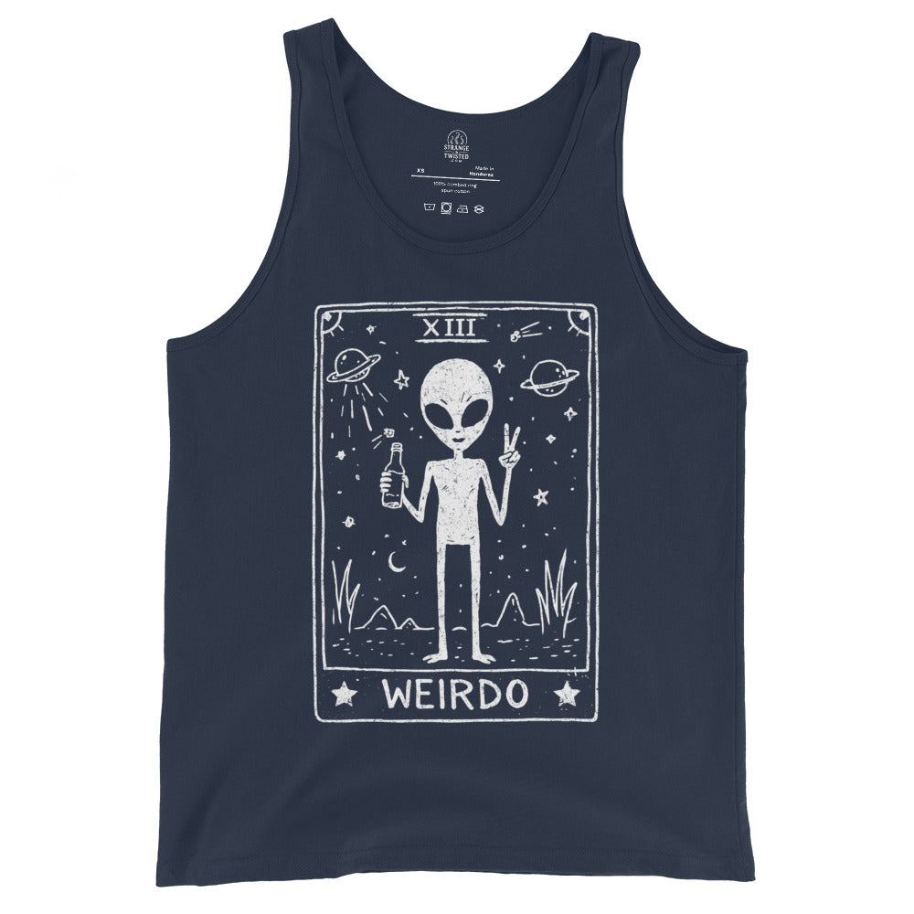 Navy alien tarot tank top featuring Weirdo cosmic tarot card design
