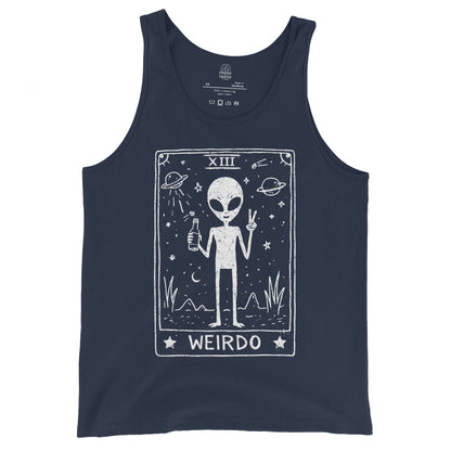 Navy alien tarot tank top featuring Weirdo cosmic tarot card design