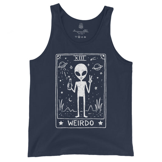 Navy alien tarot tank top featuring Weirdo cosmic tarot card design