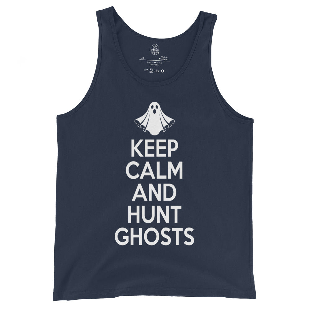 Paranormal ghost hunting tank top on navy blue with white lettering and simple ghost graphic