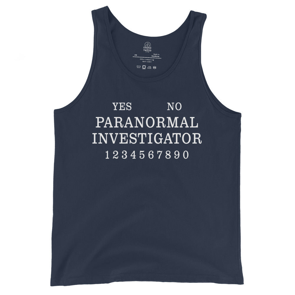 Paranormal investigator tank top on navy blue with traditional spirit board inspired layout
