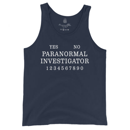 Paranormal investigator tank top on navy blue with traditional spirit board inspired layout