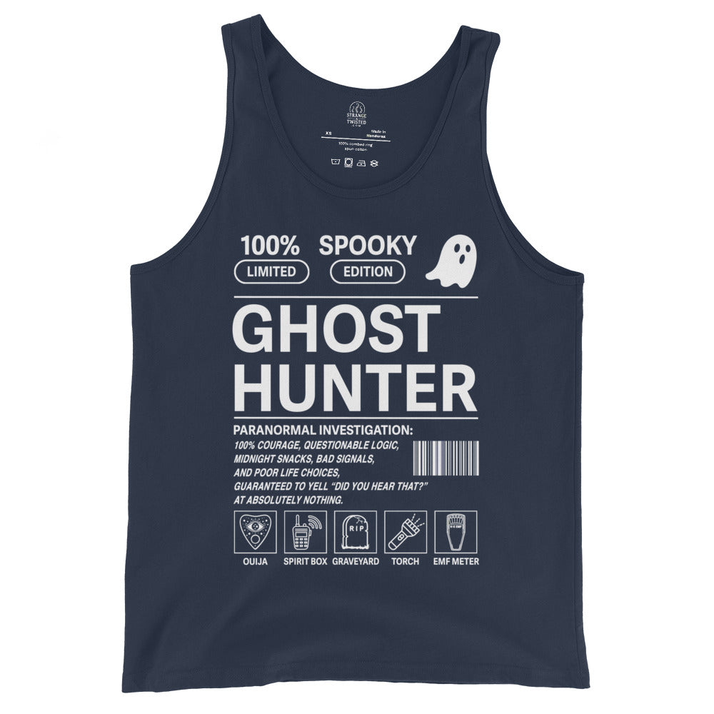 Ghost hunter paranormal tank top on navy blue with spooky investigation graphic