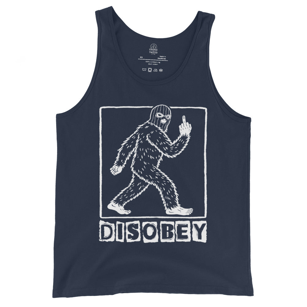 Navy Blue tank top with a graphic of a masked Bigfoot cryptid and the word 'DISOBEY' on a white background