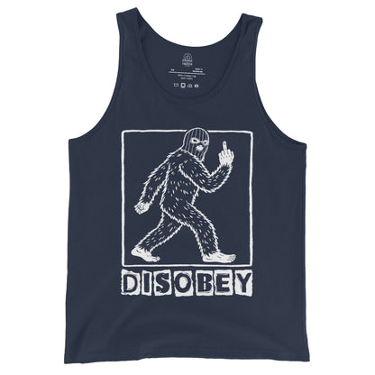 Navy Blue tank top with a graphic of a masked Bigfoot cryptid and the word 'DISOBEY' on a white background