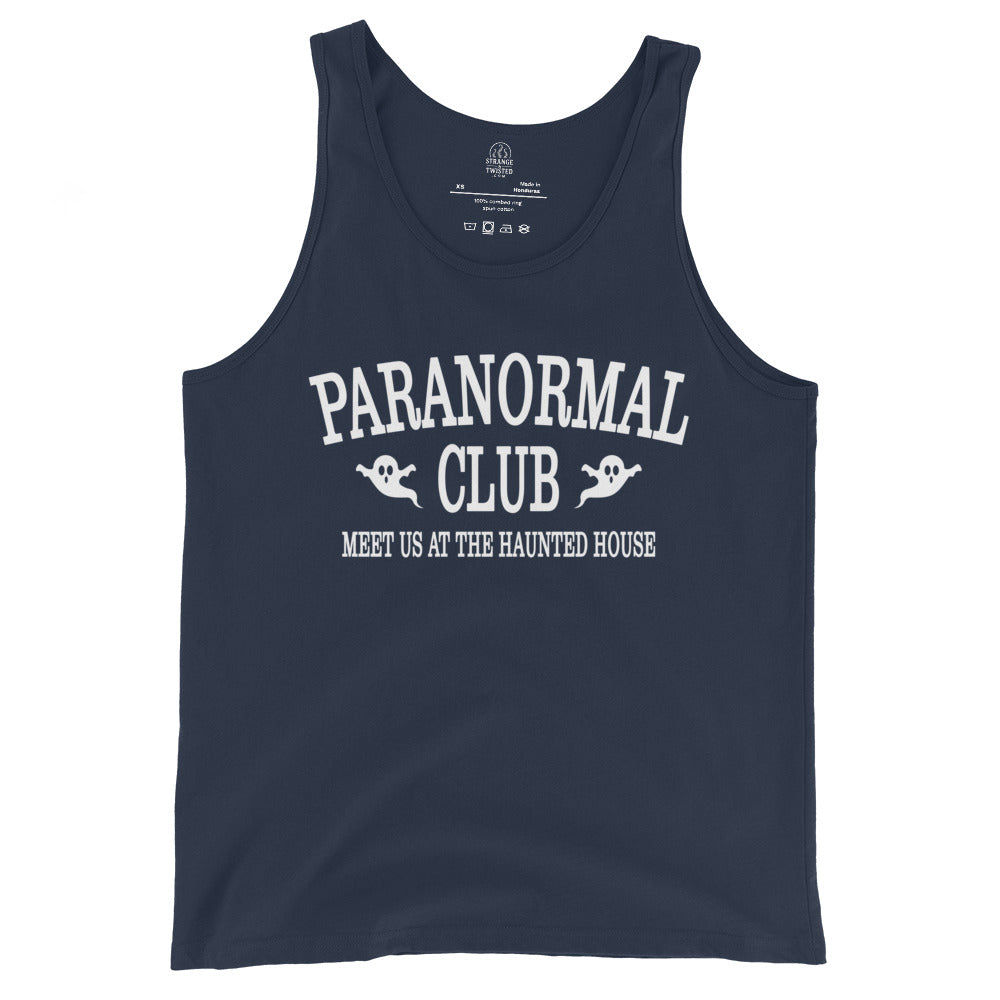 Ghost Hunter Paranormal Club tank top front view with ghost graphics and haunted house slogan on navy blue fabric