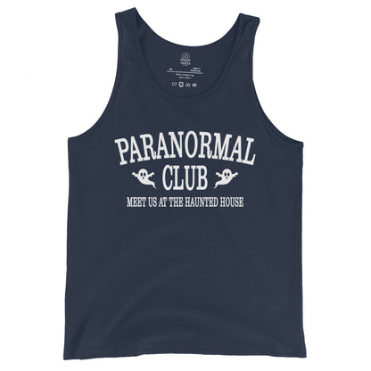 Ghost Hunter Paranormal Club tank top front view with ghost graphics and haunted house slogan on navy blue fabric