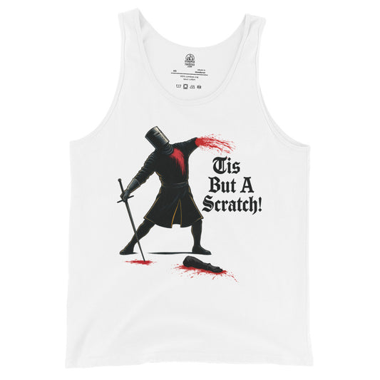 knight parody “Tis But A Scratch” artwork printed on white unisex tank top, front view by Strange & Twisted