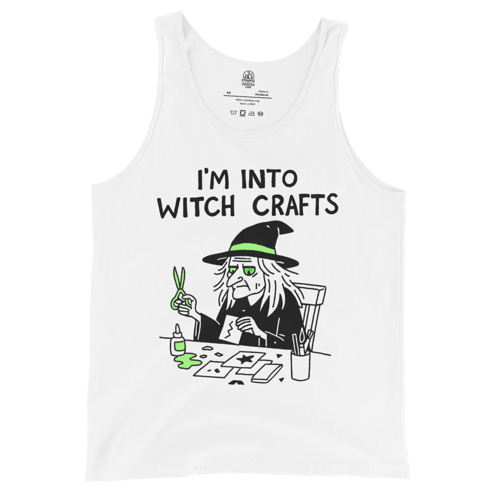 Witch Crafts funny witchy tank top on white, front view, by Strange & Twisted