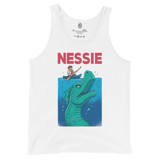 White tank top with vibrant Nessie parody illustration showing Loch Ness Monster and Scottish rower, By Strange & Twisted