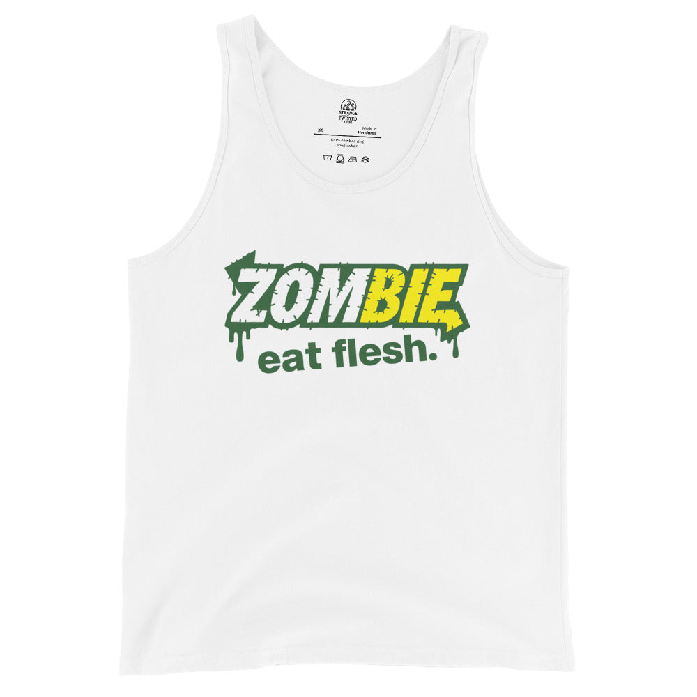 White tank top with green and yellow Zombie Eat Flesh parody graphic on chest, By Strange & Twisted