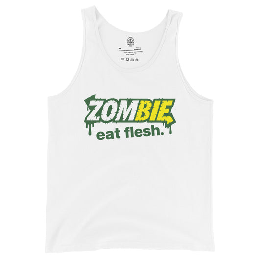 White tank top with green and yellow Zombie Eat Flesh parody graphic on chest, By Strange & Twisted