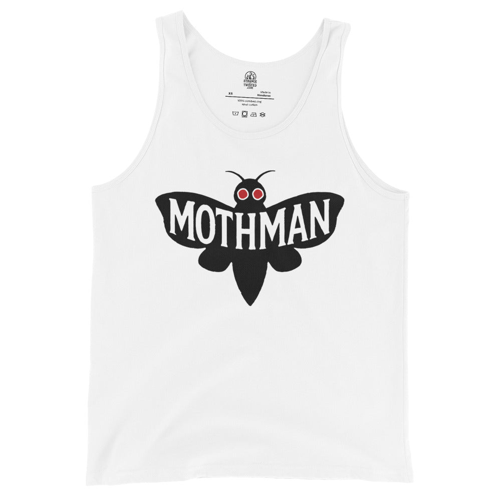 White tank top with bold black outline Mothman artwork and red eyes, By Strange and Twisted