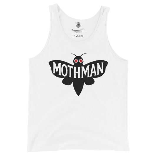 White tank top with bold black outline Mothman artwork and red eyes, By Strange and Twisted