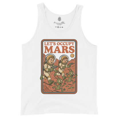 White tank top displaying a colourful retro Mars illustration with astronauts holding ray guns and frightened green aliens running below Lets Occupy Mars text.