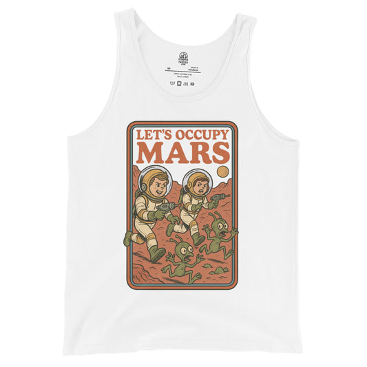 White tank top displaying a colourful retro Mars illustration with astronauts holding ray guns and frightened green aliens running below Lets Occupy Mars text.