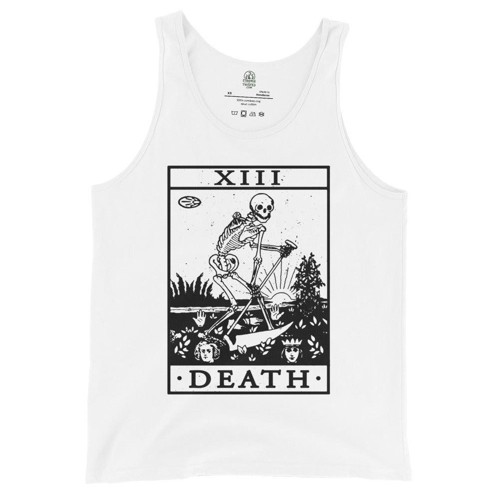White tank top displaying a minimalist Death tarot card illustration in clean symbolic linework.