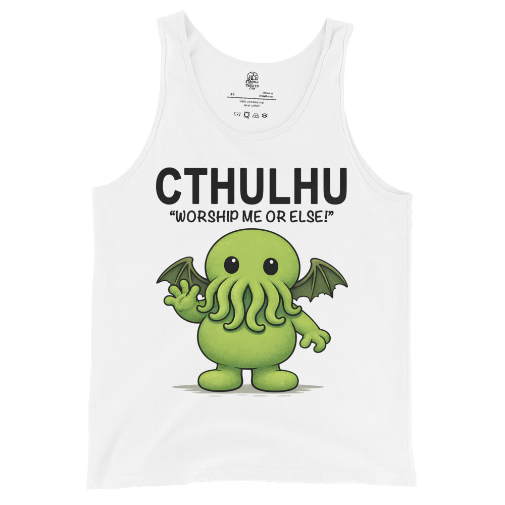 White tank top with a green Cthulhu graphic and text on a white background