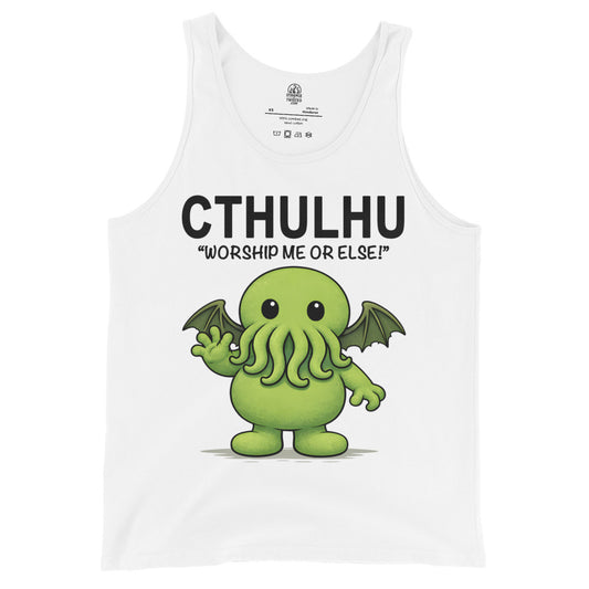 White tank top with a green Cthulhu graphic and text on a white background