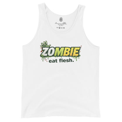 White tank top with 'Zombie eat flesh' graphic on a white background
