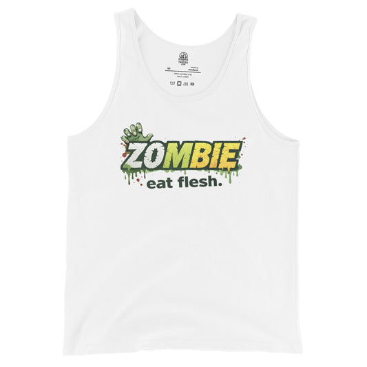 White tank top with 'Zombie eat flesh' graphic on a white background