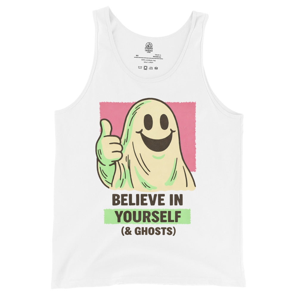 Friendly cartoon ghost thumbs up tank top on white with Believe In Yourself phrase