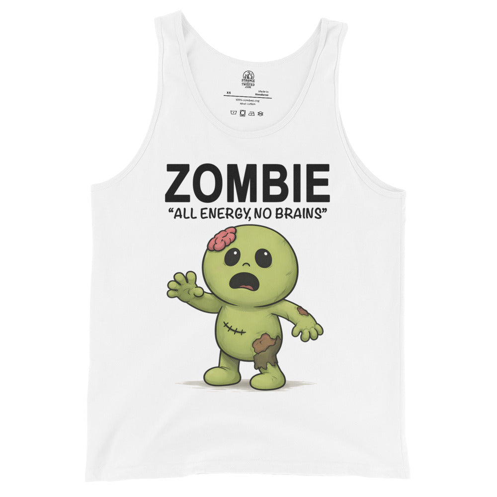 Cartoon zombie illustration tank top on white with All Energy No Brains slogan
