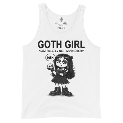 Sarcastic goth girl cartoon tank top on white with skull and Meh speech bubble