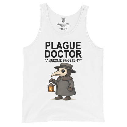 Plague doctor cartoon tank top on white holding lantern with Awesome Since 1347 slogan