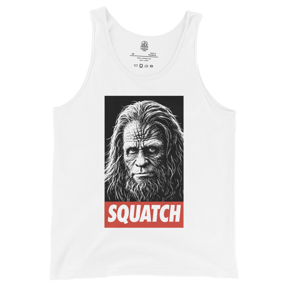 Sasquatch Bigfoot portrait tank top on white with SQUATCH lettering