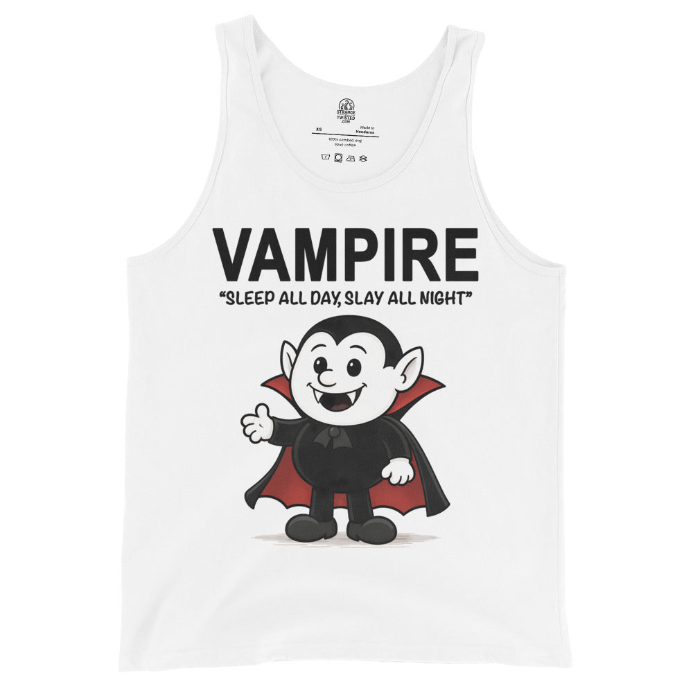 Cartoon vampire tank top on white background with Sleep All Day Slay All Night slogan