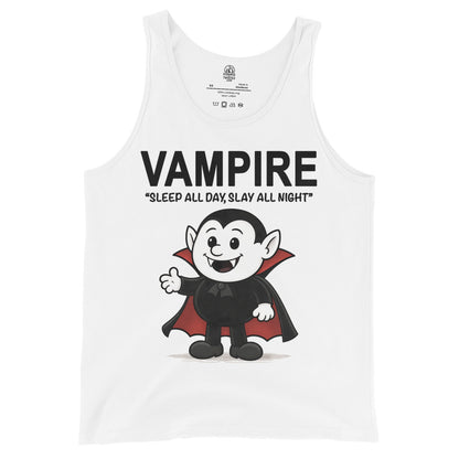 Cartoon vampire tank top on white background with Sleep All Day Slay All Night slogan