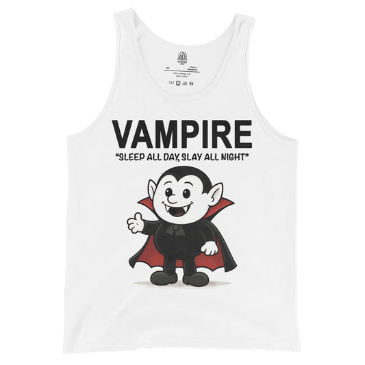 Cartoon vampire tank top on white background with Sleep All Day Slay All Night slogan