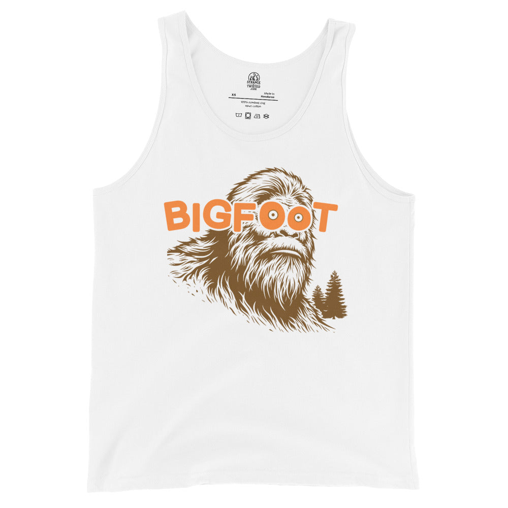 White tank top with a graphic of Bigfoot and the word 'BIGFOOT' on a white background