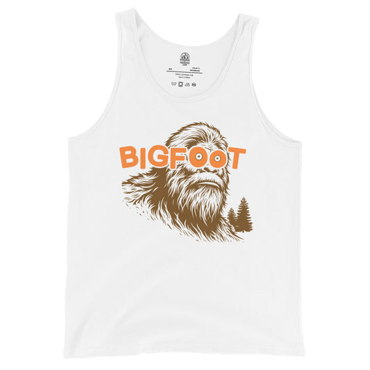 White tank top with a graphic of Bigfoot and the word 'BIGFOOT' on a white background
