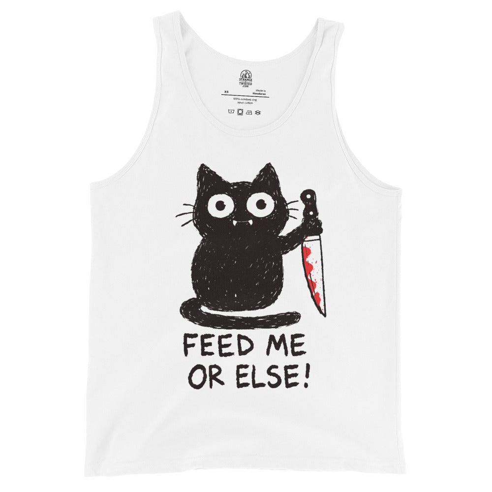 White tank top with a black cat graphic and text 'Feed Me Or Else!' on a white background