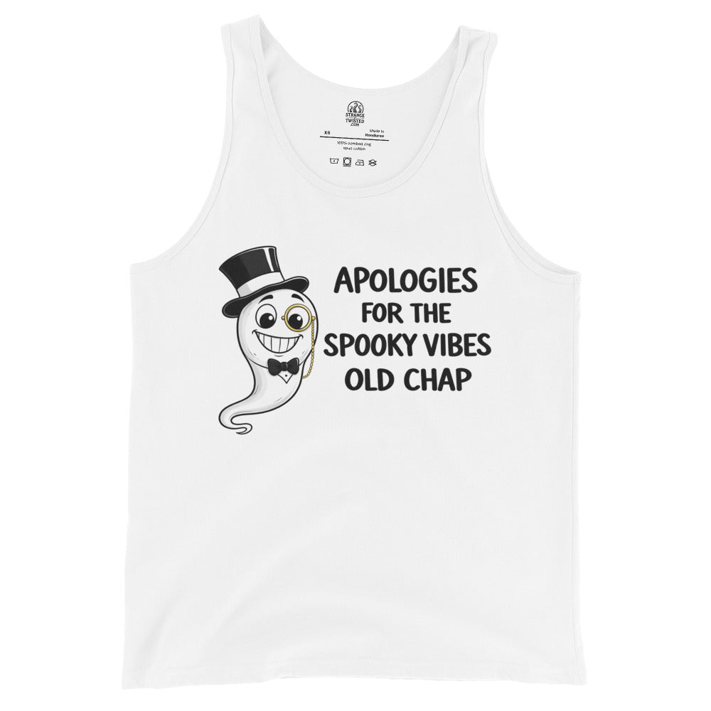 Front view white tank top with gentleman ghost illustration and spooky humour text