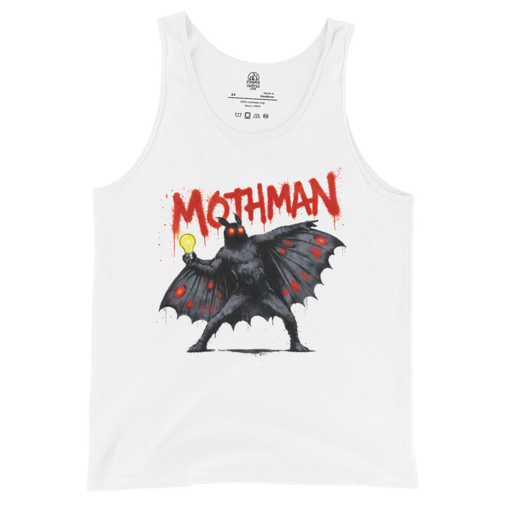 Front image white tank top featuring graffiti style Mothman with glowing eyes and dripping red lettering