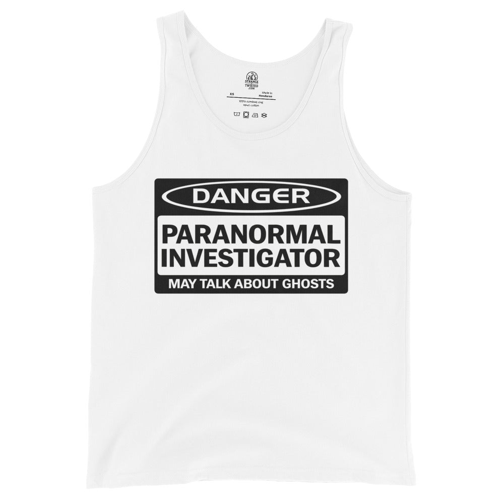 White paranormal investigator tank top with ghost warning text design