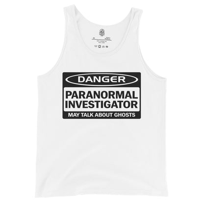 White paranormal investigator tank top with ghost warning text design